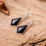 Black jade dangle earrings, 'Jungle Pyramids' - Black Guatemalan Jade Earrings in Sterling Silver