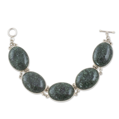 Dark green jade link bracelet, 'Voluptuous Green' - Sterling Silver Link Bracelet with Dark Green Jade