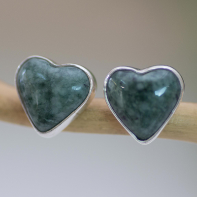 Jade-Ohrringe mit Herzknöpfen - Jade-Herz-Ohrringe, handgefertigter Schmuck