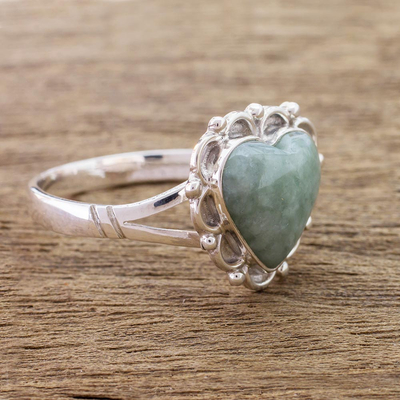 anillo de corazón de jade - Corazones de jade en anillo artesanal de plata esterlina