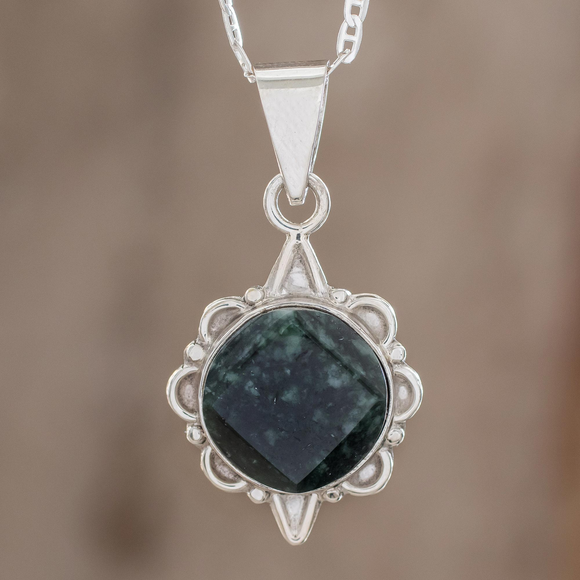 Dark Green Guatemalan Jade Necklace in Sterling Silver - North and