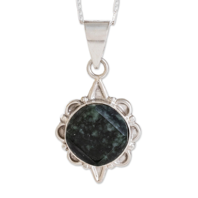 Dark green jade pendant necklace, 'North and South' - Dark Green Guatemalan Jade Necklace in Sterling Silver