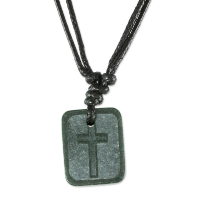 Jade cross necklace, 'Faith and Love' - Etched Cross on Jade Pendant Artisan Crafted Necklace