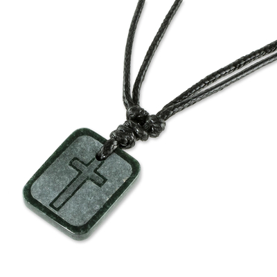 Jade cross necklace, 'Faith and Love' - Etched Cross on Jade Pendant Artisan Crafted Necklace