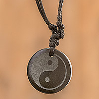 Jade cross necklace, 'Yin Yang' - Jade on Black Leather Necklace Crafted by Hand