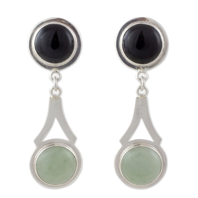 Jade dangle earrings, 'Maya Twin Moons' - Silver Dangle Earrings with Green and Black Maya Jade