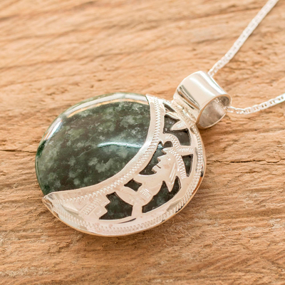 Reversible jade pendant necklace, 'Quetzal Lord Eclipse' - Reversible Silver Pendant Necklace with 2 Shades Green Jade