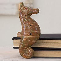 Artisan Crafted Seahorse Shaped Ceramic Ocarina Flute,'Green Beige Seahorse'