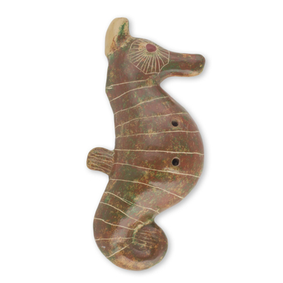 Ceramic ocarina, 'Green Beige Seahorse' - Artisan Crafted Seahorse Shaped Ceramic Ocarina Flute