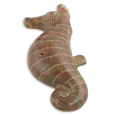 Ceramic ocarina, 'Green Beige Seahorse' - Artisan Crafted Seahorse Shaped Ceramic Ocarina Flute