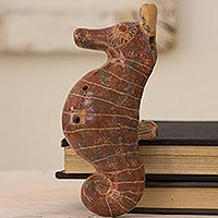 Ceramic ocarina, 'Red Blue Seahorse' - Artisan Crafted Seahorse Shaped Ceramic Ocarina Flute