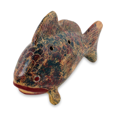 Ceramic ocarina, 'Blue Red Beige Fish' - Artisan Crafted Ceramic Ocarina Fish Shaped Vessel Flute
