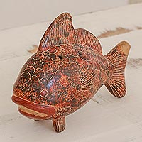 Ceramic ocarina, 'Black Red Beige Fish' - Artisan Crafted Fish Shaped Ceramic Ocarina Vessel Flute
