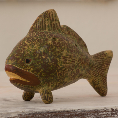 Ocarina de cerámica - Flauta de ocarina de pescado de cerámica verde marrón hecha a mano