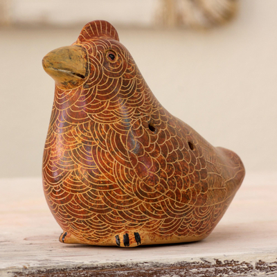 Ceramic ocarina, 'Red Brown Mamma Hen' - Artisan Crafted Ceramic Ocarina Hen Shaped Flute