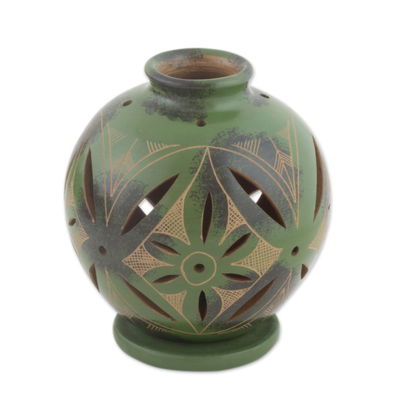 Ceramic candleholder, 'Green Floral Light' - Ceramic Green Tealight Candleholder from Nicaragua