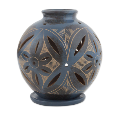candelabro de cerámica - Candelabro artesanal de terracota con candelita en azul