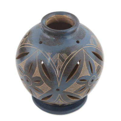 Ceramic candleholder, 'Blue Floral Light' - Artisan Crafted Tealight Terracotta Candleholder in Blue
