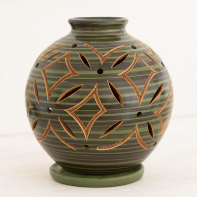 Ceramic candleholder, 'Luminous Green Petals' - Green Ceramic Candleholder Handcrafted of Terracotta