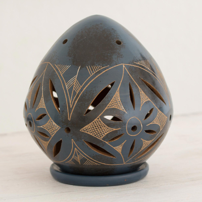 Ceramic candleholder, 'Blue Floral Egg' - Blue Ceramic Artisan Crafted Tealight Candleholder
