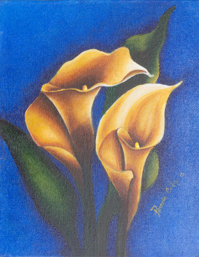 'Calla Lilies on Blue' - Original signiertes Blumengemälde aus El Salvador