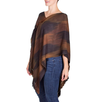 Rayon chenille poncho, 'Ethereal Earth' - Brown Hand Loomed Rayon Chenille Poncho with Fringe