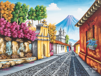 'Calle de los Pasos' - Jadeo de pueblo de Guatemala firmado realista