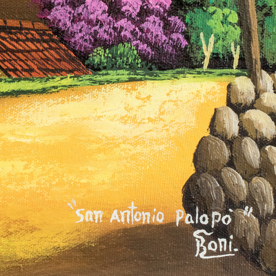 'San Antonio Palopó II' - Pintura de paisaje del lago de Atitlán firmada al óleo sobre lienzo