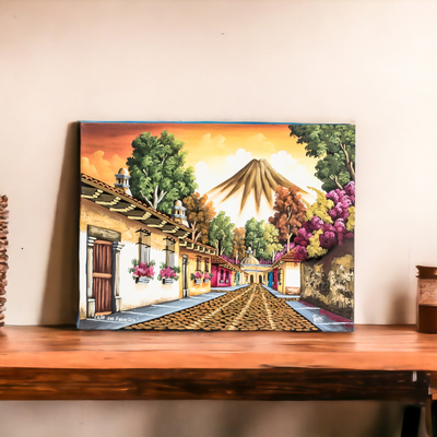 'Calle San Francisco' - Guatemala Signed Oil on Canvas Painting in Yellows