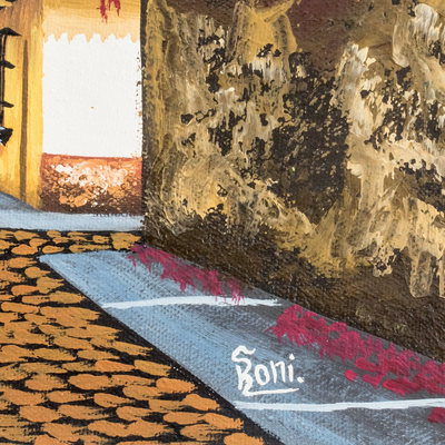 „Calle San Francisco“ – Von Guatemala signiertes Öl-auf-Leinwand-Gemälde in Gelbtönen