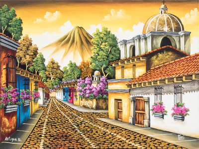 Guatemala Town Painting in Oil on Canvas