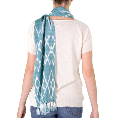 Cotton scarf, 'Solola Aqua' - Backstrap Loom Aqua Blue Cotton Scarf with Organic Dyes