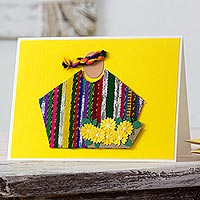 Greeting cards, 'Yellow Maya Flowers' (set of 4) - Bright Yellow Greeting Cards with Maya Weaving Insets