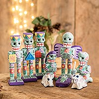 Wood nativity scene, 'Calaveras' (9 pieces) - Artisan Crafted 9-Piece Day of the Dead Theme Nativity Scene