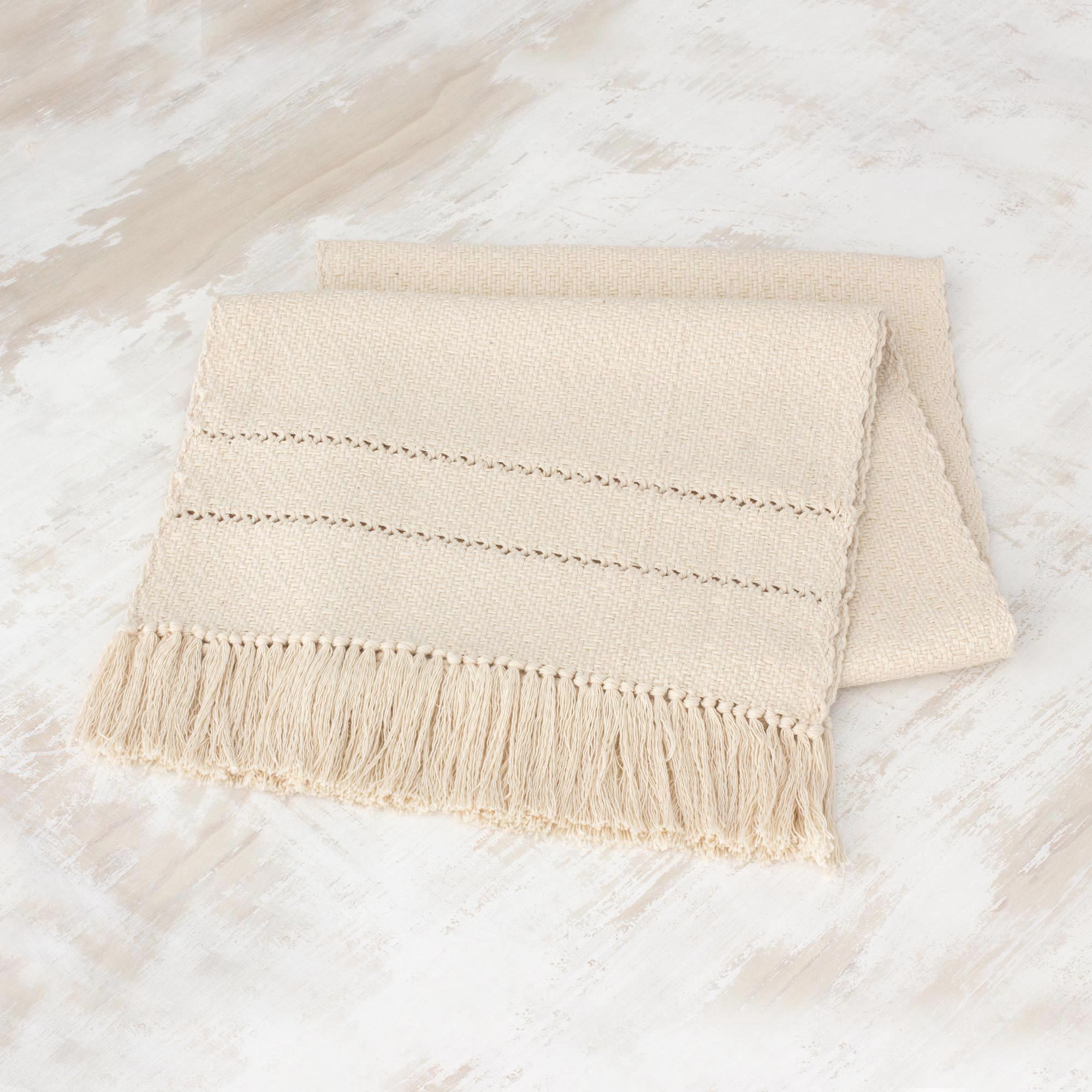 Patterned Ivory Color Table Runner in Hand Woven Cotton Ivory Diamonds NOVICA