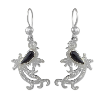 Jade dangle earrings, 'Black Quetzal Myth' - Sterling Silver Bird Earrings with Black Jade Wing