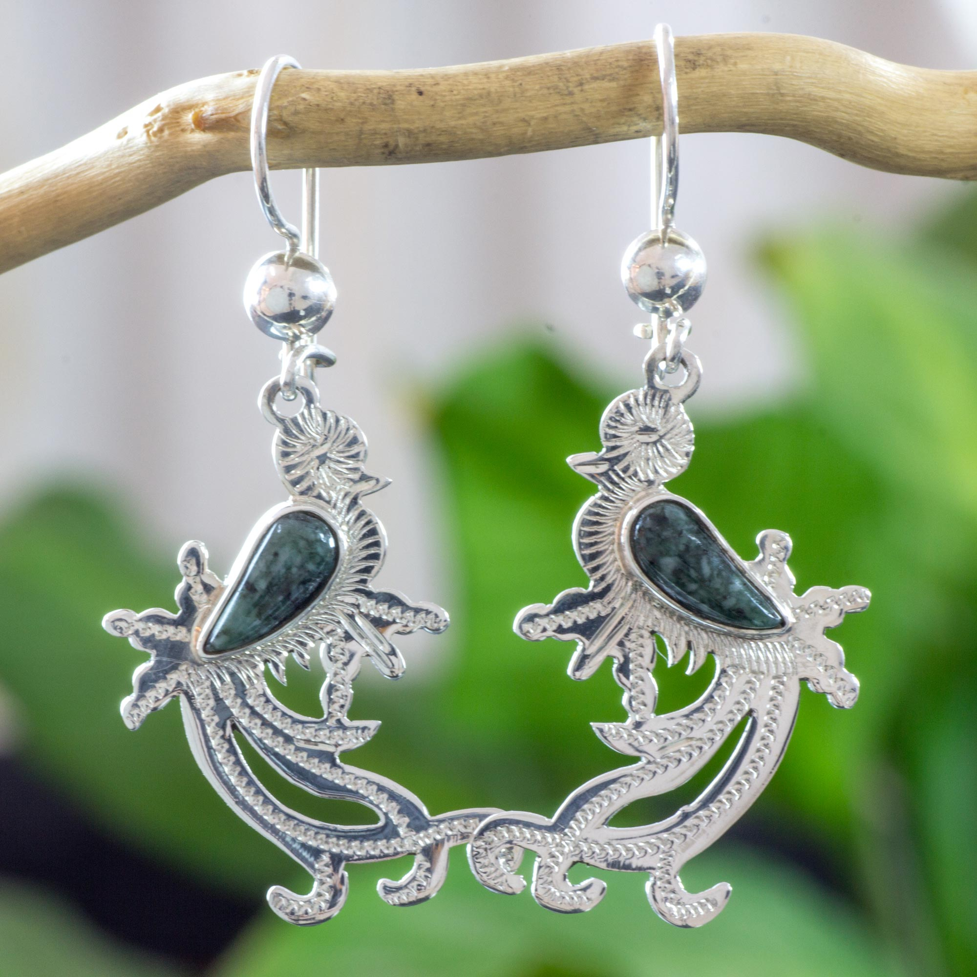 Sterling Silver Earrings of Quetzal Bird with Jade Wings - Dark Green ...
