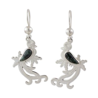 Jade dangle earrings, 'Dark Green Quetzal Myth' - Sterling Silver Earrings of Quetzal Bird with Jade Wings