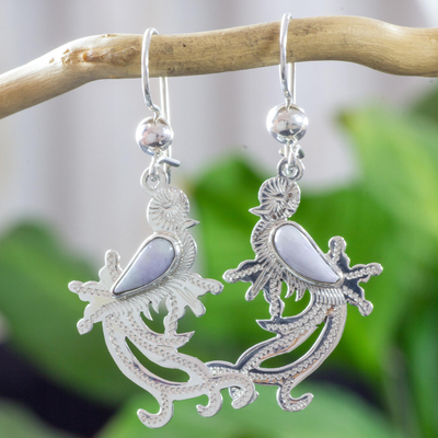 Jade dangle earrings, 'Lilac Quetzal Myth' - Sterling Silver and Lilac Jade Earrings of a Quetzal Bird
