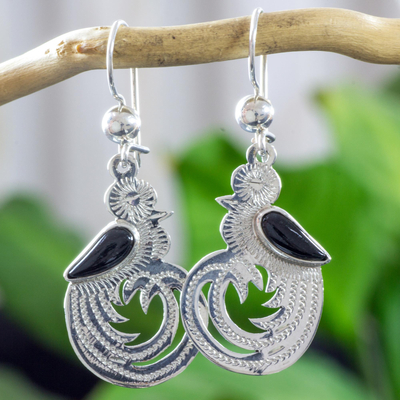 Black jade dangle earrings, 'Quetzal Beauty' - Sterling Silver and Black Jade Earrings of Quetzal Bird