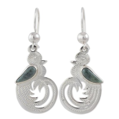 Light green jade dangle earrings, 'Quetzal Beauty' - Guatemalan Jade on Hand Made Sterling Silver Bird Earrings