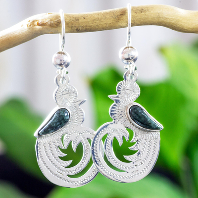 Dark green jade dangle earrings, 'Quetzal Beauty' - Dark Green Jade on Handmade Sterling Silver Bird Earrings