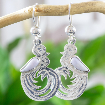 Pendientes colgantes de jade lila, 'Belleza Quetzal' - Pendientes de joyería de pájaro de plata esterlina con ala de jade lila