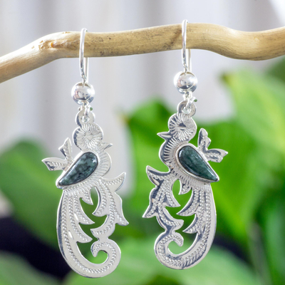 Dark green jade dangle earrings, 'Forest Quetzal' - Dark Green Jade on Handmade Sterling Silver Bird Earrings