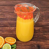 Jarra de vidrio soplado, 'Fresh Mandarin' - Jarra de vidrio soplado a mano transparente con borde naranja