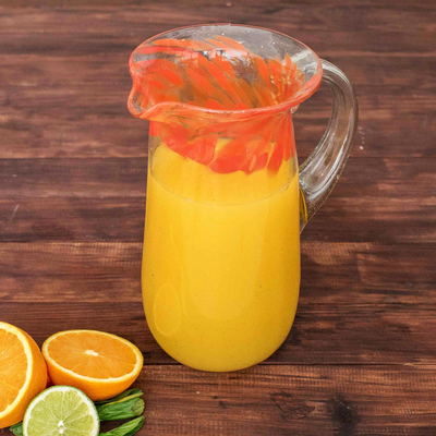 Blown glass pitcher, 'Fresh Mandarin' - Clear Hand-blown Glass Pitcher with Orange Rim
