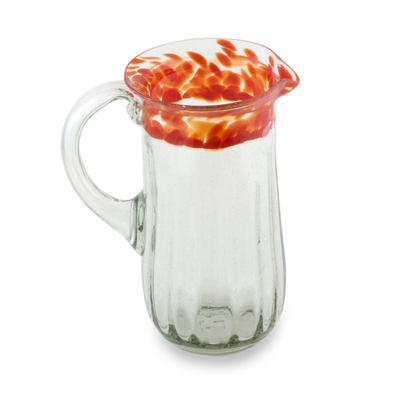 Blown glass pitcher, 'Fresh Mandarin' - Clear Hand-blown Glass Pitcher with Orange Rim