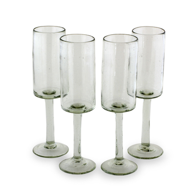 Blown glass flutes, 'Party Quetzal' (set of 4) - Clear Hand-blown Glass Flute Wine Glasses (Set of 4)