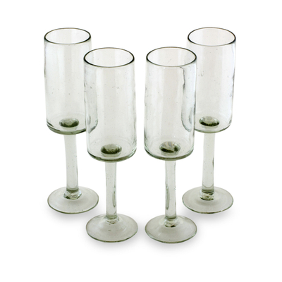 Blown glass flutes, 'Party Quetzal' (set of 4) - Clear Hand-blown Glass Flute Wine Glasses (Set of 4)
