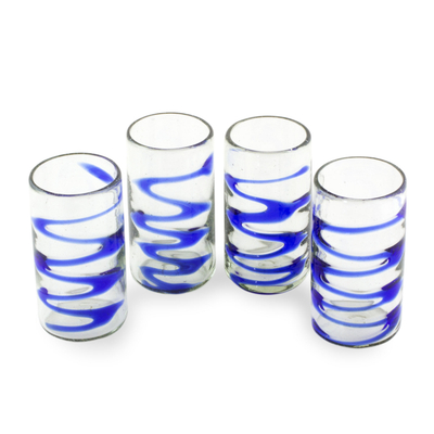Blown glass tumblers, 'Blue Ripple' (set of 4) - 11 oz Tumbler Glasses Hand Blown Glass Art (Set of 4)